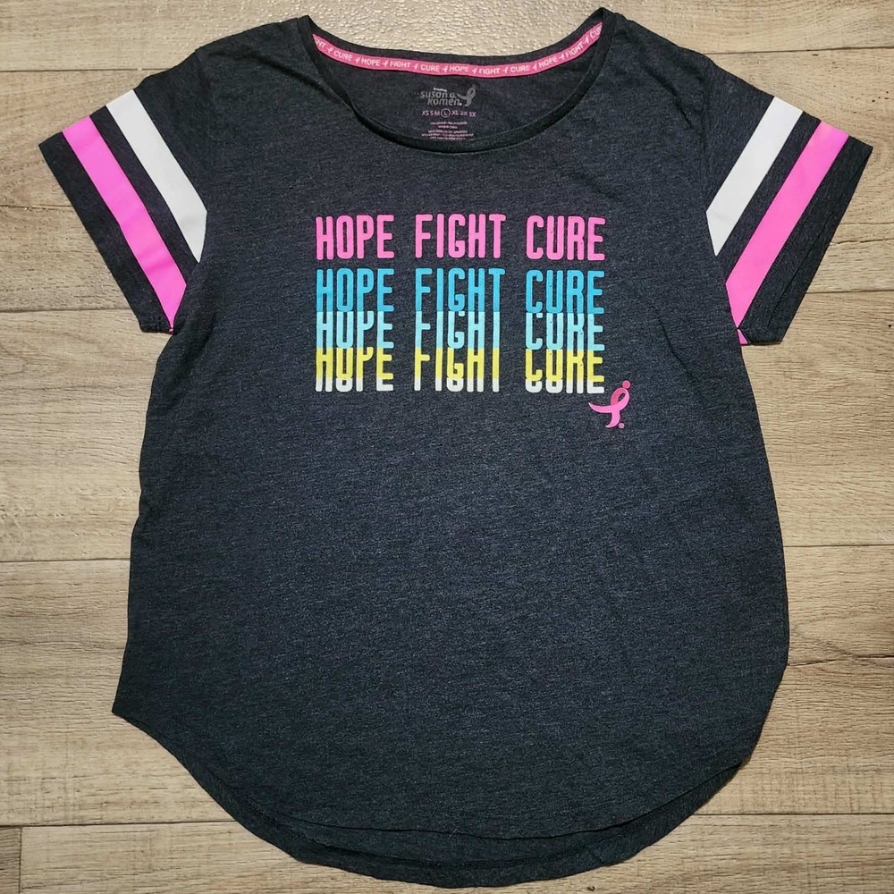 Susan G Komen Womens Hope Fight Cure Tee Charcoal Grey Pink L Breast Cancer